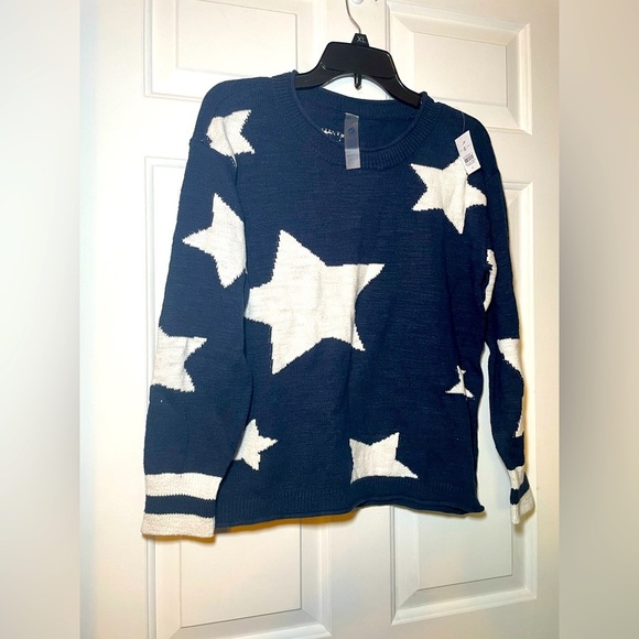 Lou & Grey Navy Woman’s Sweater Loft White Stars Medium NEW Long Sleeve Cotton - Picture 1 of 7